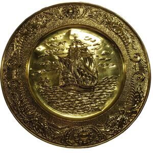 2 Vintage Brass Hammered Wall Decor Plate Colonial Ship Boat Made In England 14"